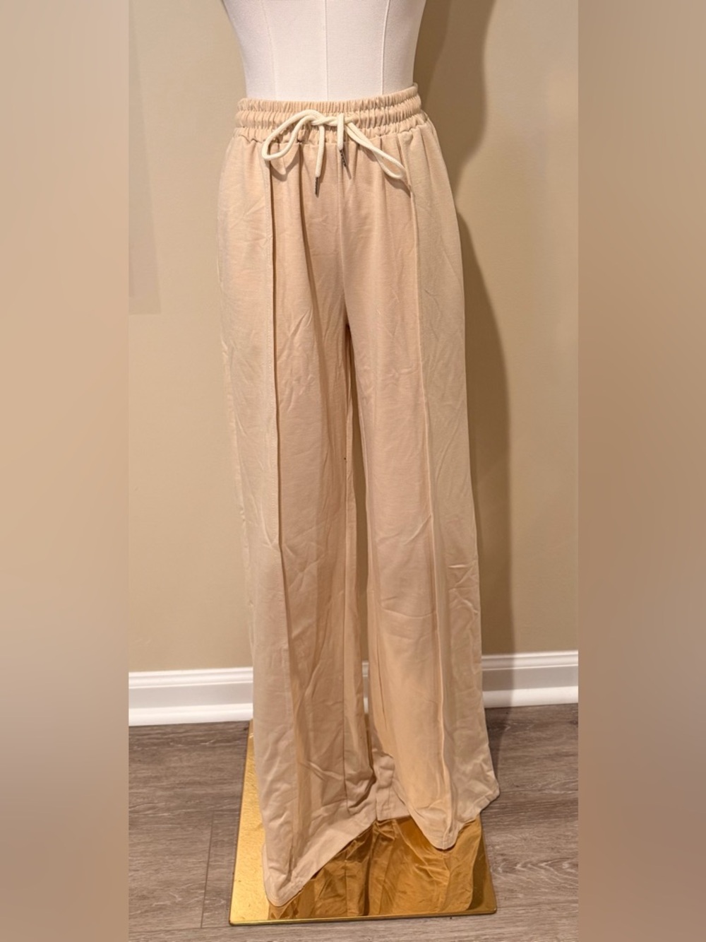 Beige Wide-Leg Drawstring Pants